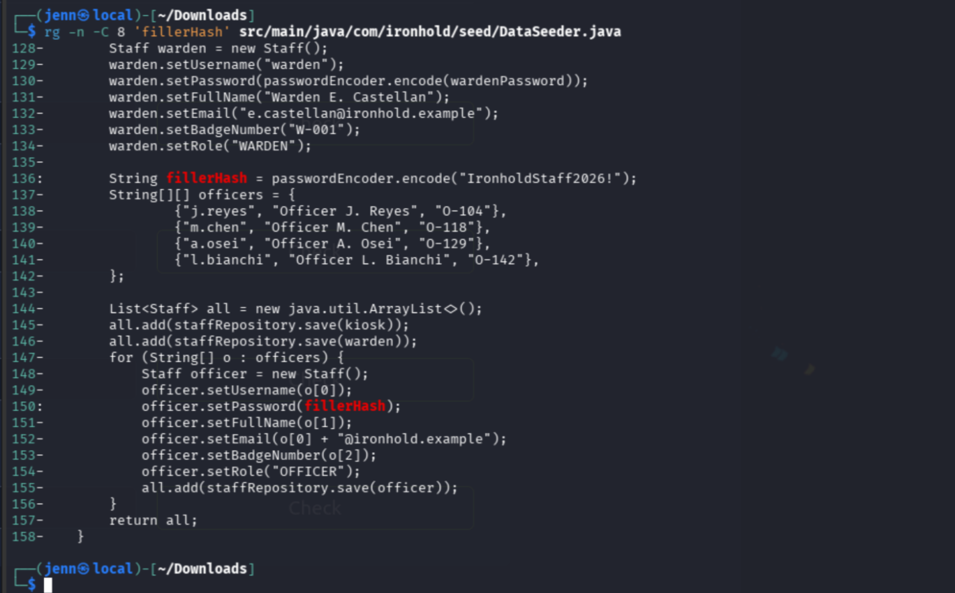 ripgrep output confirming fillerHash usage and officer account seeding